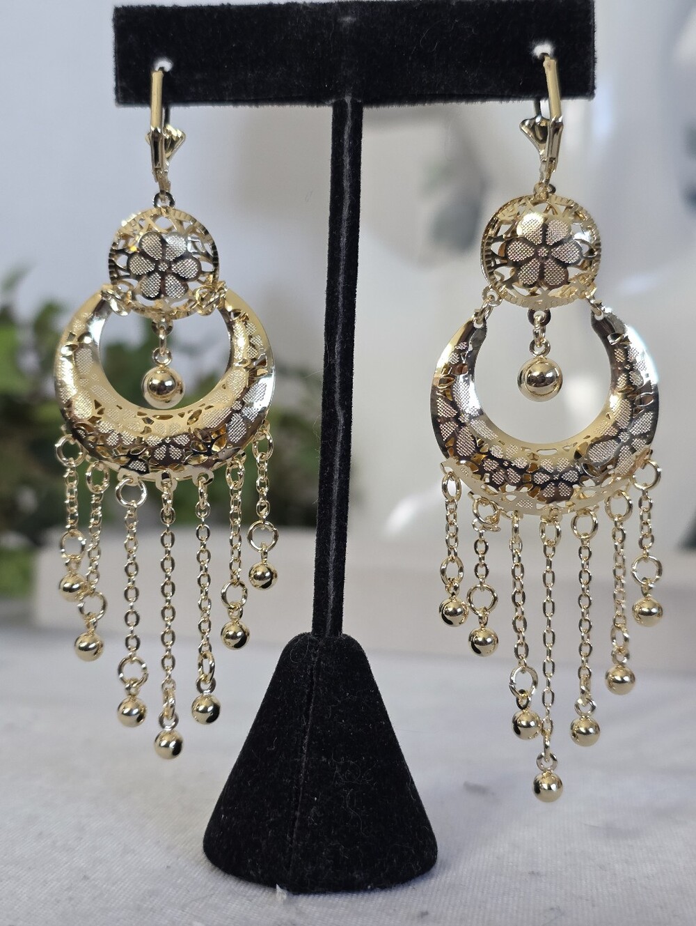 Tricolor Gold Filled Floral Chandelier Earrings Dangle Drop Filigree Leverback - Picture 8 of 10